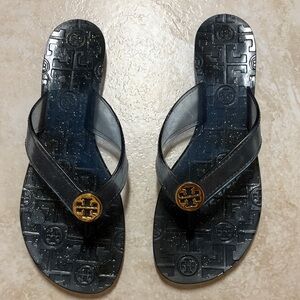 Tory Burch Navy Jelly Sandals with Gold Emblem